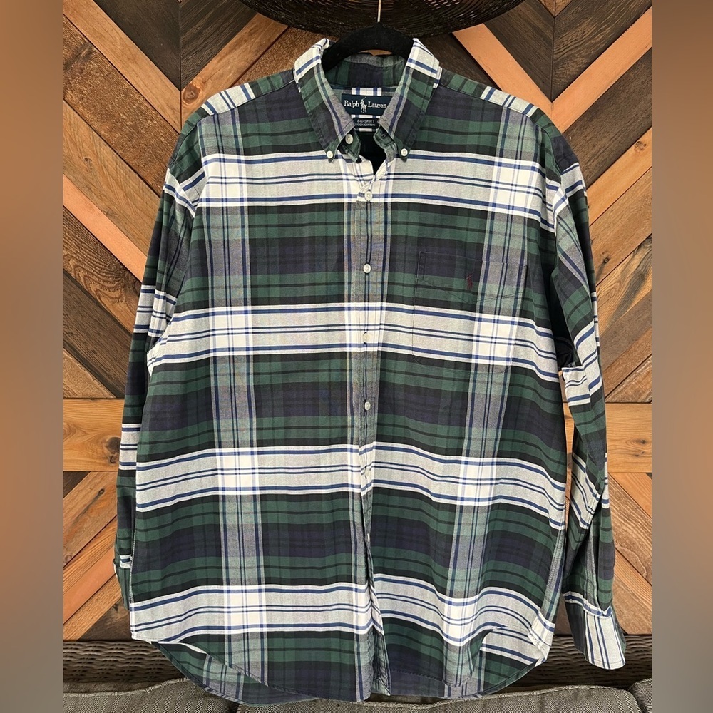 Men’s Polo Ralph Lauren Green Plaid Long Sleeve Flannel Shirt Big Shirt Large